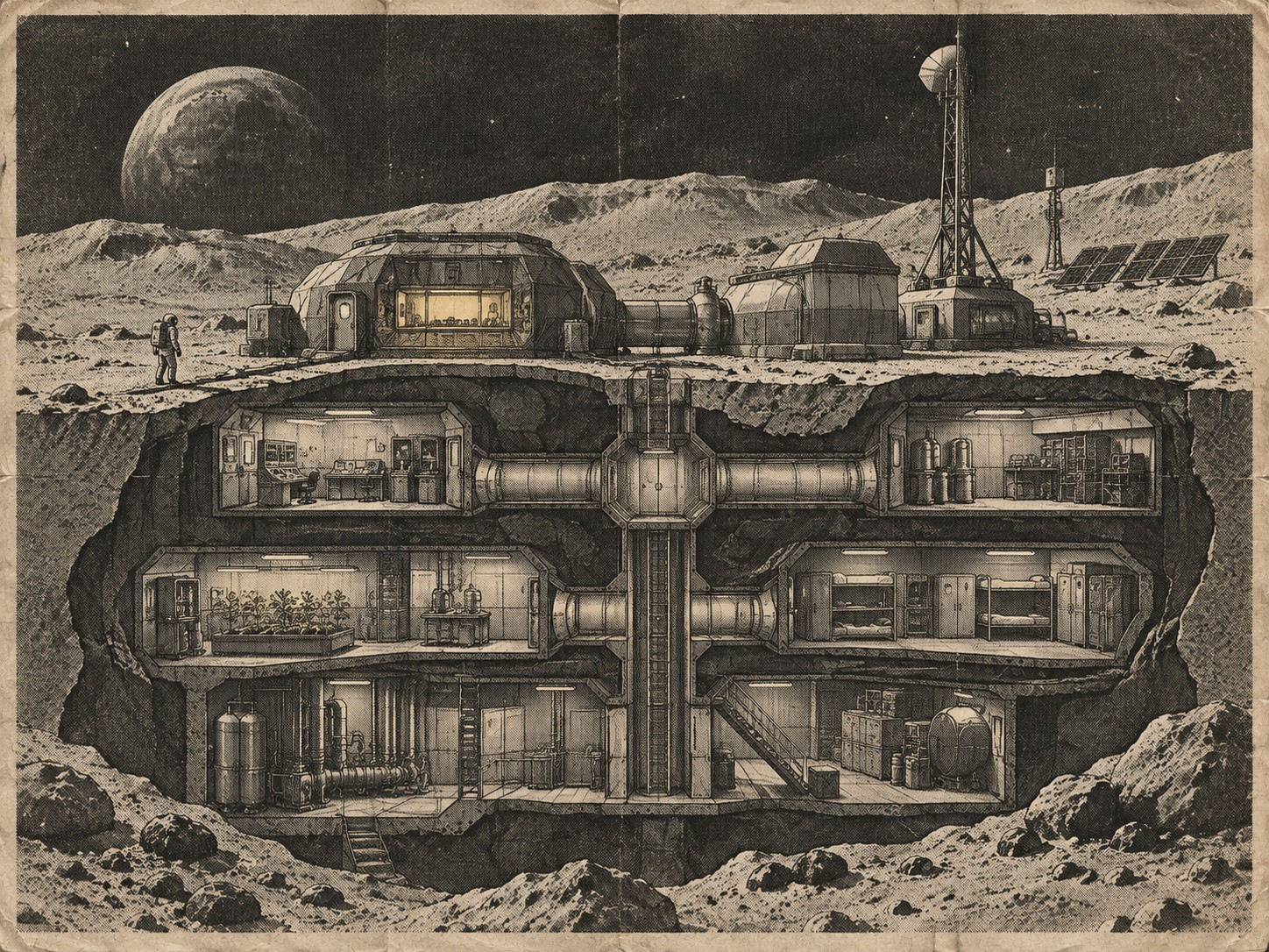 Cross-section drawing of an underground lunar base with surface buildings, an antenna and an astronaut